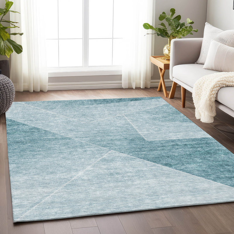 Tapis bleu sarcelle lavable à la machine Premium Prisco, Rectangulaire 3 pi x 5 pi