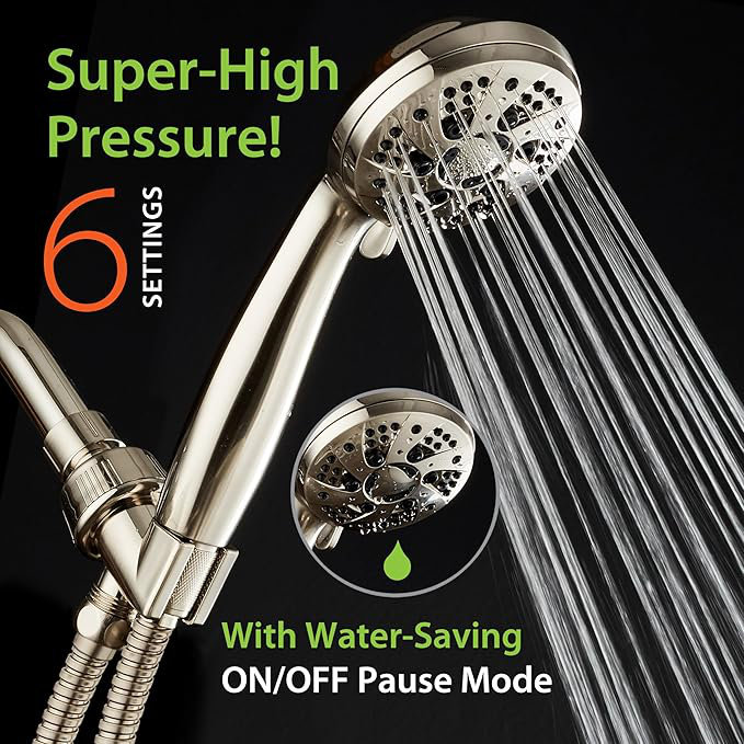 High Pressure 6-Setting 3.5" Chrome Face Handheld Shower with Hose for the Ultimate Shower Experience!