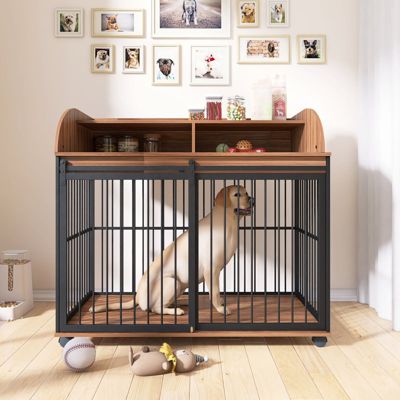 Grande cage pour chien avec roues verrouillables, Brun