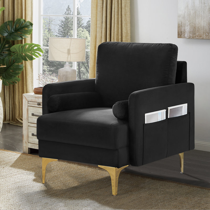 Fauteuil en velours avec 2 coussins Ronella, Velours noir