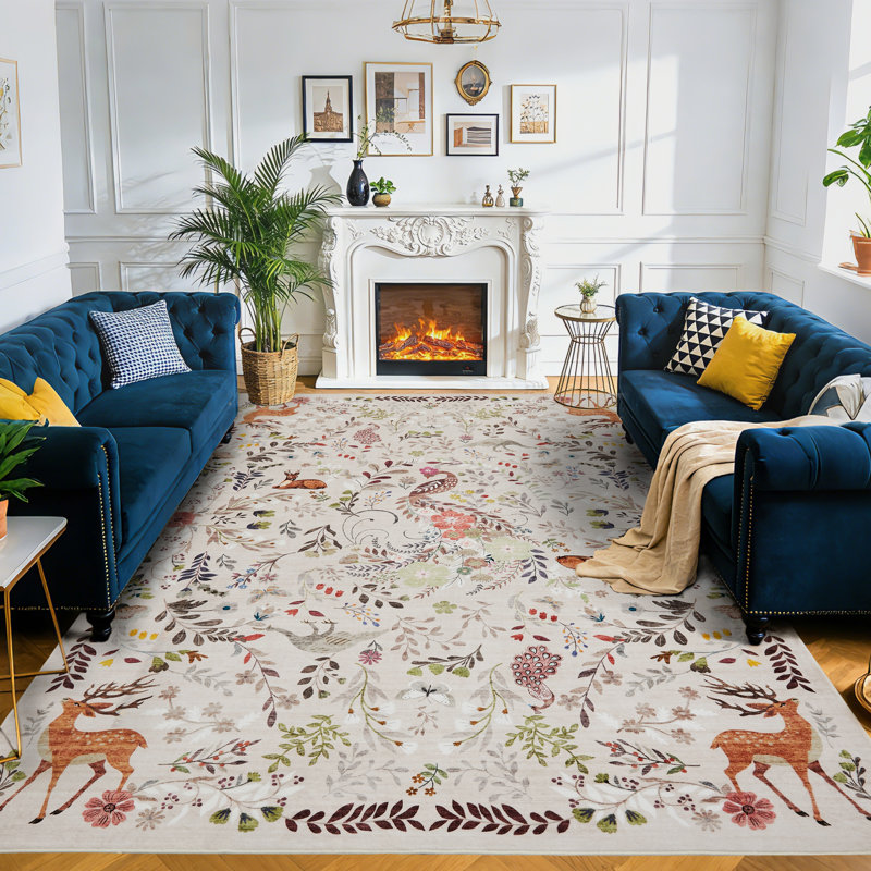 Washable Area Rug, Non-Slip Low Pile Stain Resistance Rug with Peacock and Deer, Animal Carpet for Living Room, Bedroom, Dining Room