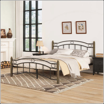 Full Size Metal Bed with Wavy Headboard and Footboard, Black and Gold, Combining Classic and Modern Design