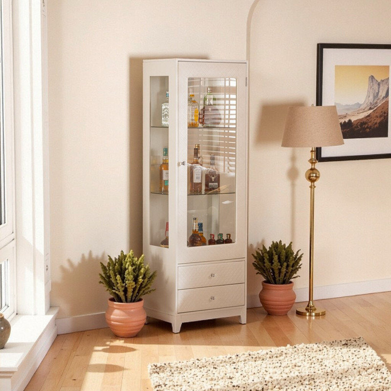 71" Upholstered Display Cabinet with 2 Drawers, Glass Doors & Adjustable LED Lighting, Freestanding Pantry