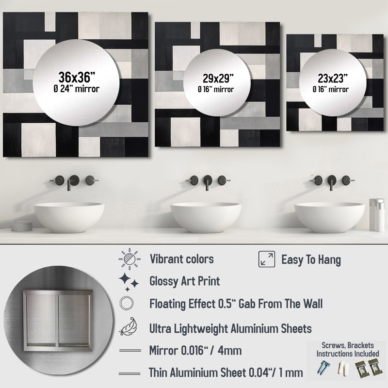 Anick - Cuboids noir et blanc Dream I, formes abstraites, grand miroir mural carré pour chambre à coucher, 23 po x 23 po