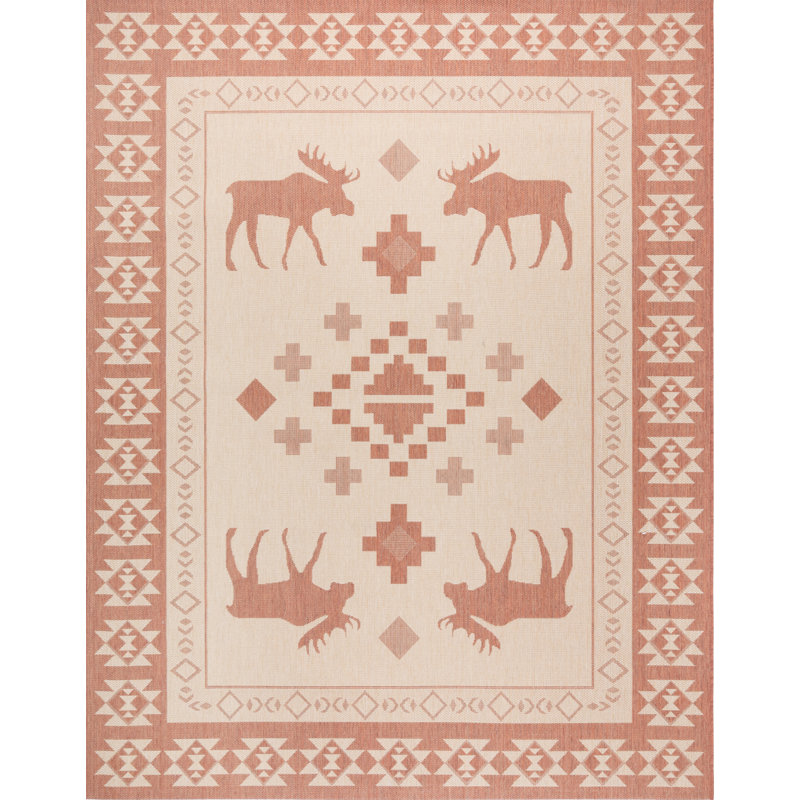 Solterra Timberhall Orange Cream Beige Rustic Lodge Moose Flatweave Polypropylene Indoor/ Outdoor Area Rug