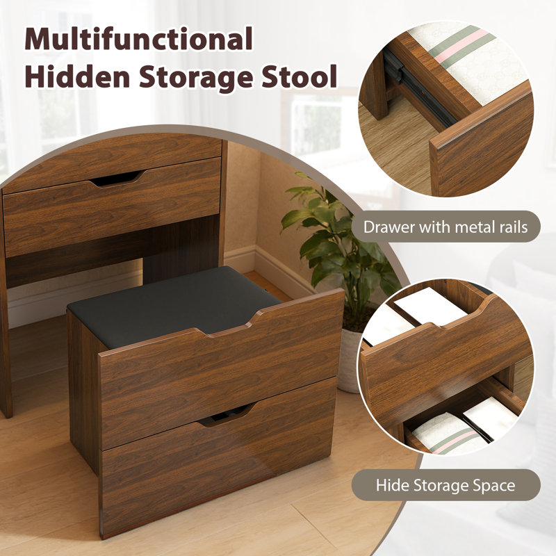 23.65"W 3-in-1 Flip Top Vanity Desk with Lighted Mirror & Stool For Small Space, Walnut, Black