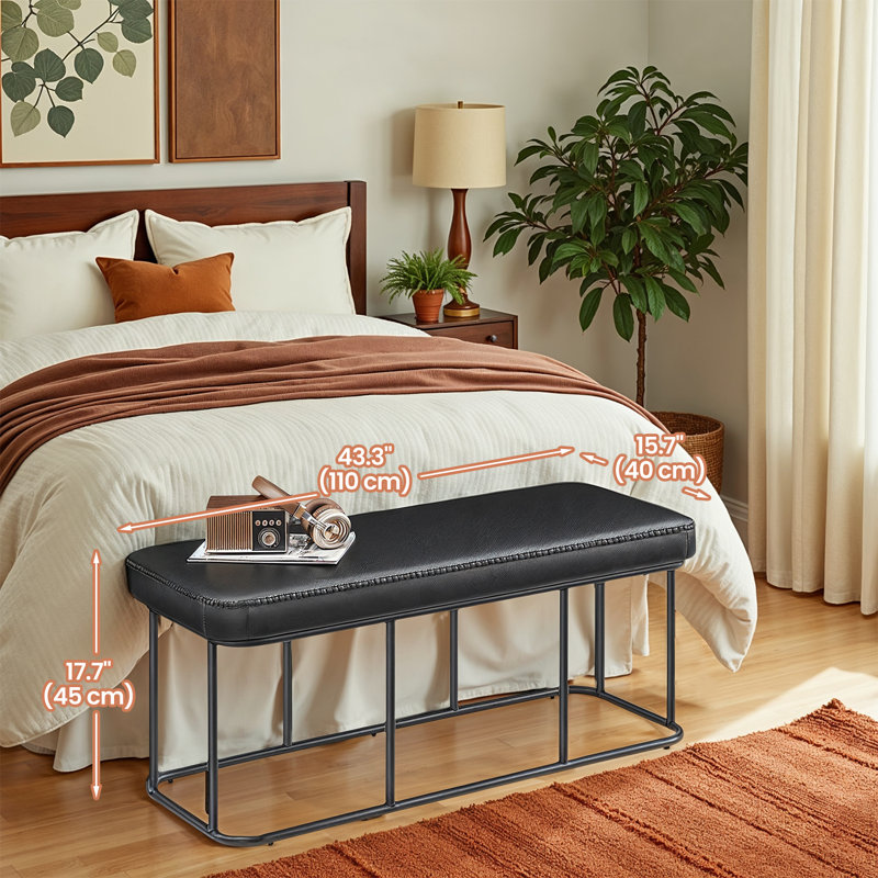 Bench For Entryway, Sitting Bench, Ottoman Benich With Steel Frame, Synthetic Leather With Stitching, Mid-Century Modern