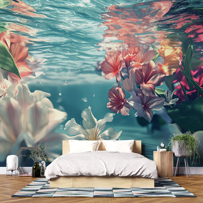 Papier peint floral de jardin sous l'eau - Décoration murale immergée dans l'eau pour la salle de bain, le spa, la chambre à coucher ou une décoration murale romantique inspirée de la nature