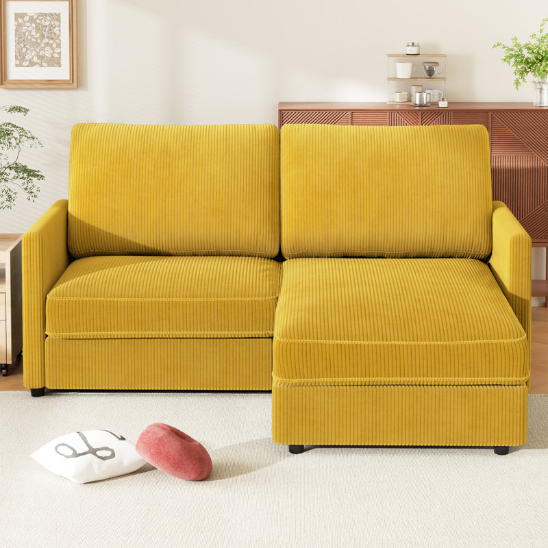 Modern Corduroy 2 Seater Sofa with Ottoman, Orange Corduroy