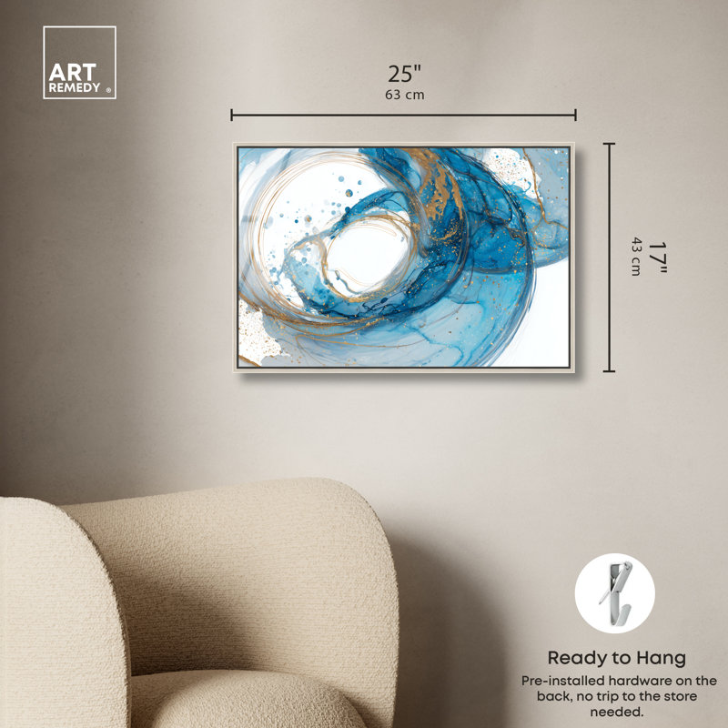 «Ocean Vortex I», impression sur toile encadrée bleue et dorée par Art Remedy, cadre noir, 24 x 16, H 17 po x l 25 po