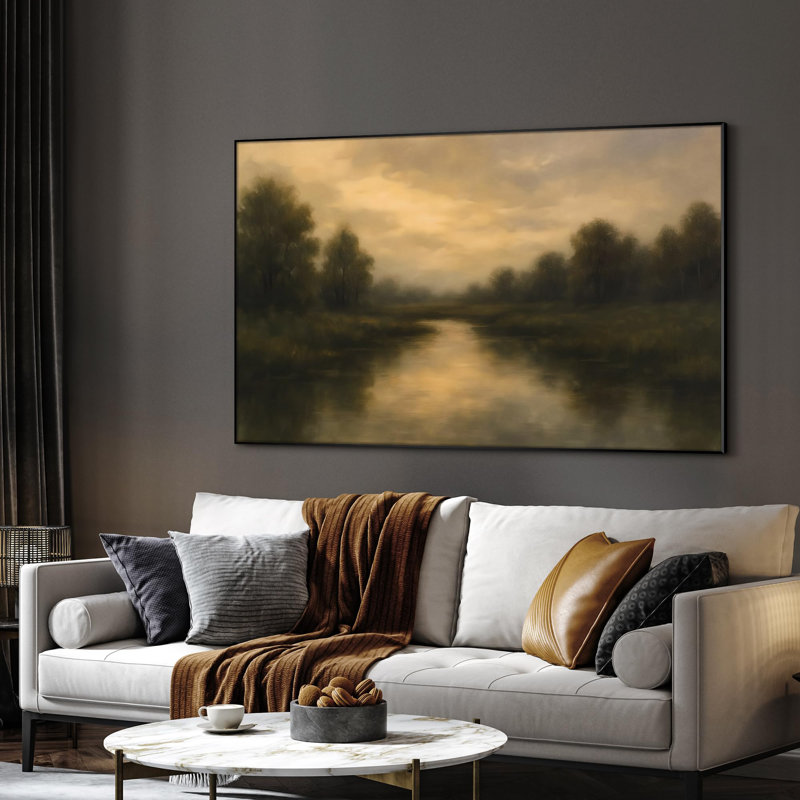 Très grande reproduction d'art sur toile - Crépuscule doré sur une rivière et des arbres, décoration pour le salon ou la chambre à coucher - «Assemblage requis du cadre (cadre non fini)»