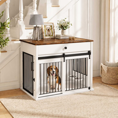 39"L Wooden Large Dog Crate Furniture With Sliding Door, Side Door & Rotating Bowls