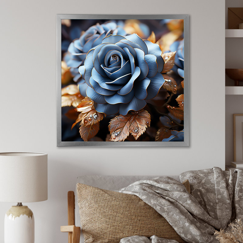 «Azure Blue Roses Arrangement Elegance III», reproduction sur toile, Cadre simple argenté, H 36 po x l 36 po x P 1,5 po