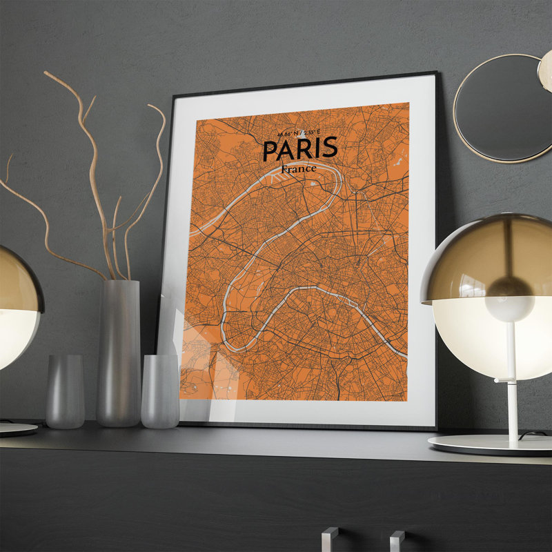Paris City Map In Orange - No Frame Print, 24cm H x 18cm W x 0.05cm D