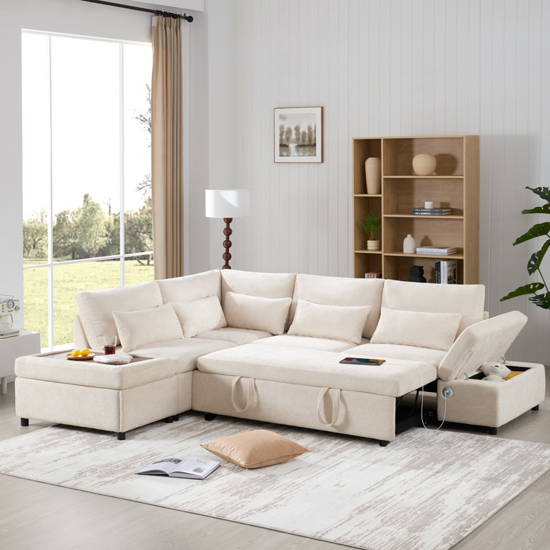 Canapé modulaire en chenille 6 places, Kaki clair / chenille beige