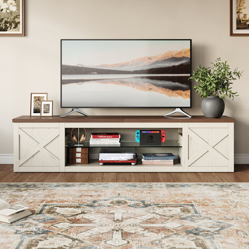 Meuble télé pour téléviseur de 65 po ou moins Farmhouse, système de divertissement à domicile avec éclairage DEL, armoire de rangement ouverte et tablettes réglables, blanc
