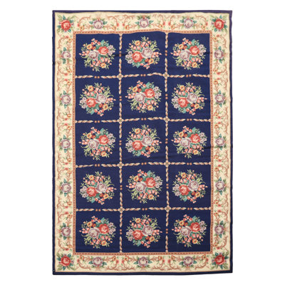 4x6 Hand Knotted Wool Navy French Aubusson Needlepoint Traditional Rug