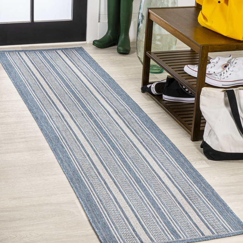 Cincotta Modern Double Stripe Blue/Light Gray Indoor/Outdoor Rug, Runner 2' x 8'