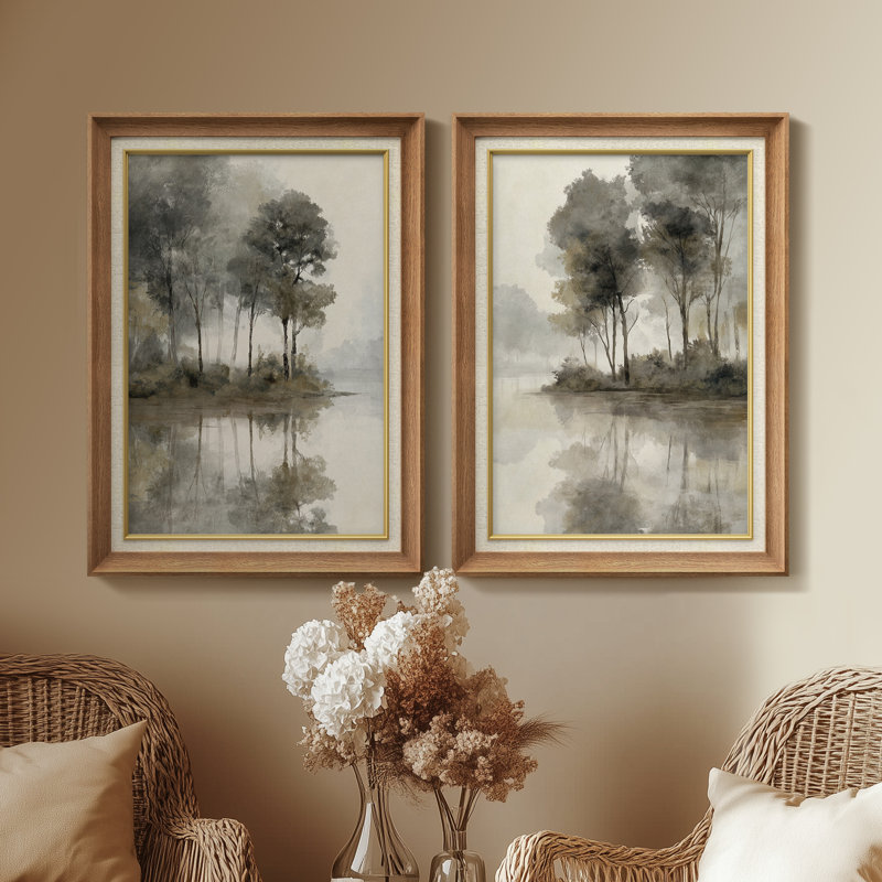 «Misty Lakeside Trees Serene Reflective Tonal Landscape», ensemble de 2 reproductions d'art encadrées sur papier de qualité supérieure 26 po x 36 po