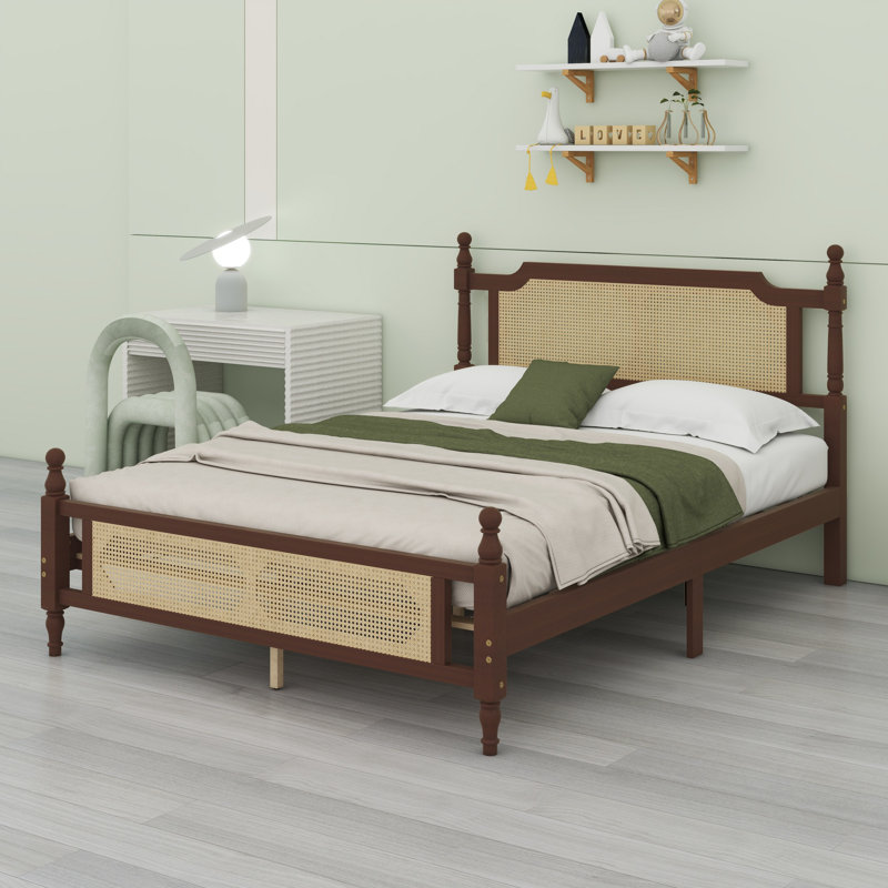 Lit en bois avec tête et pied de lit en rotin, avec plateforme centrale améliorée, Espresso