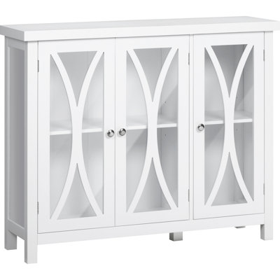 Buffet de salle à manger, buffet avec base stable, buffet blanc, tablette de rangement réglable blanche, portes en verre à motif géométrique