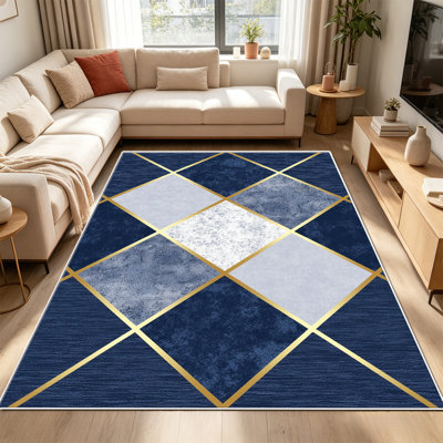 Tapis bleu marine à motif de losanges de 1 pièce, élégant tapis décoratif polyvalent, facile à nettoyer et à entretenir, pièce de mobilier idéale pour la chambre à coucher, le salon, le couloir, l'entrée, le dortoir et le bureau afin de rafraîchir l'ambiance intérieure de votre maison