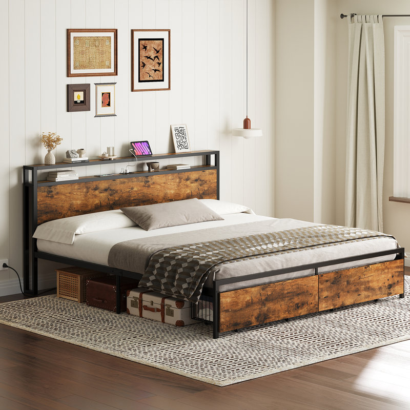 King Size Bed Frame with 2 Drawers and Charging Station