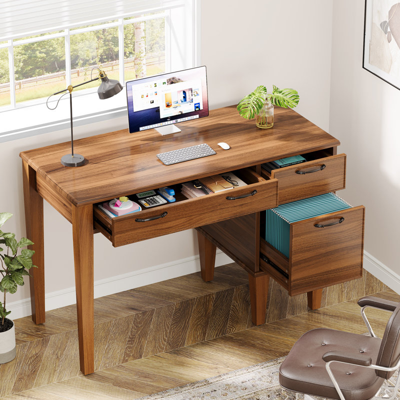 47" Computer Desk With 3 Drawers, Brown Office Desk With File Cabinet