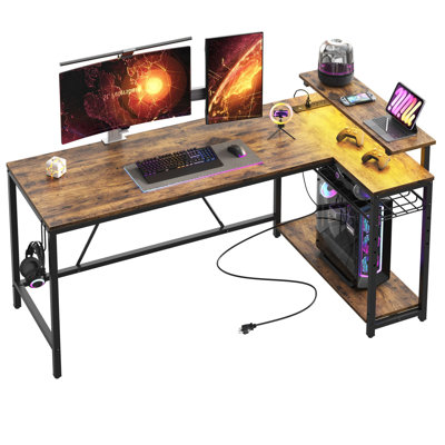 Bureau d'ordinateur en L de 52 po avec prise de courant Nedyo, bureau de jeu à DEL avec tablettes