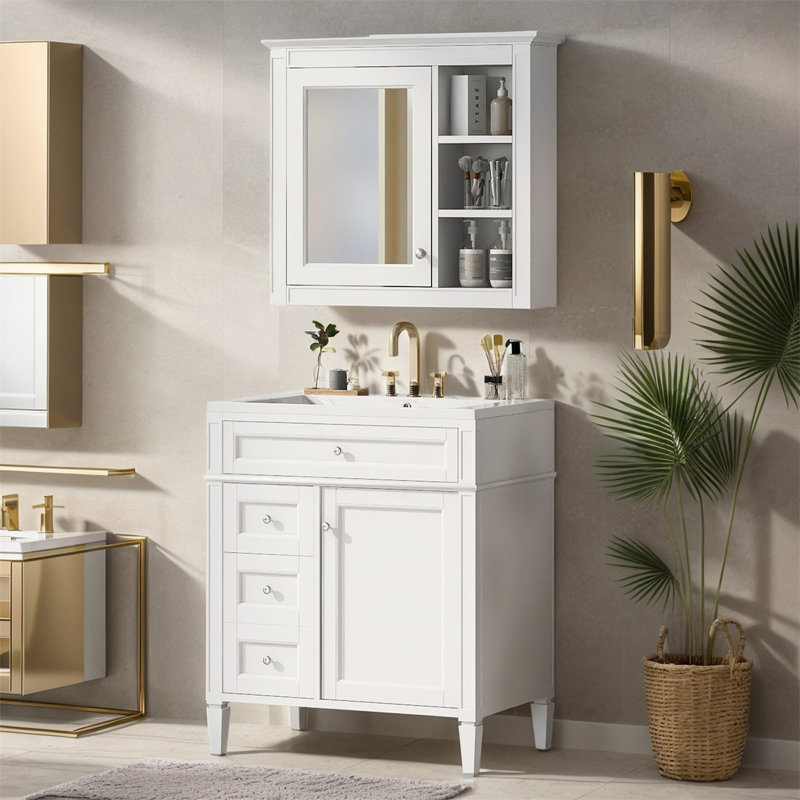 Meuble-lavabo 30 po avec lavabo supérieur et armoire à miroir, Blanc