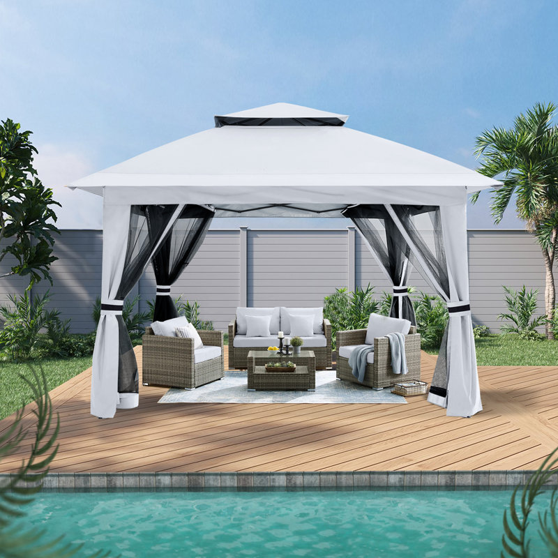 Pavillon de jardin en acier, Blanc, H 108 po x l 146 po x P 146 po