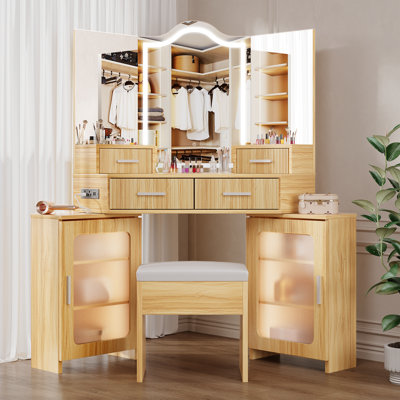 Tri-fold Makeup Vanity Desk With Led Mirror And Outlets, Fluted Dressing Table With 4 Drawers And 2 Storage Cabinets
