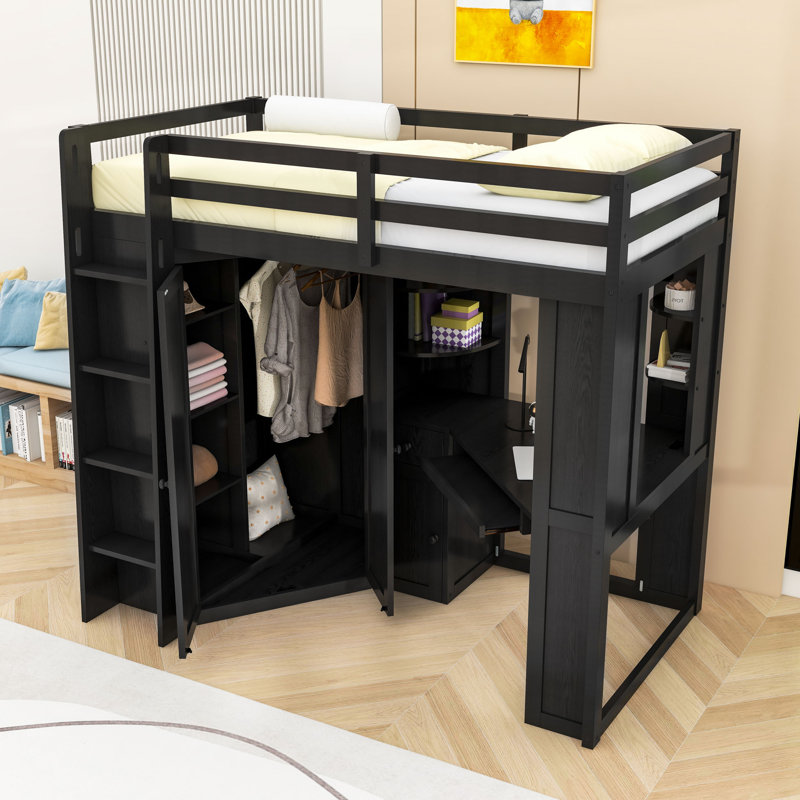 Lit mezzanine simple en bois avec garde-robe, bureau et ports USB, Noir
