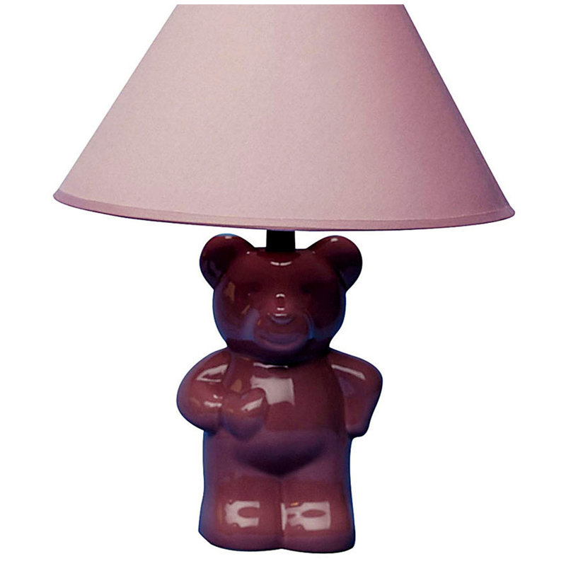 13" Tall Ceramic Table Lamp, Teddy Bear design with Pink finish, Linen Shade
