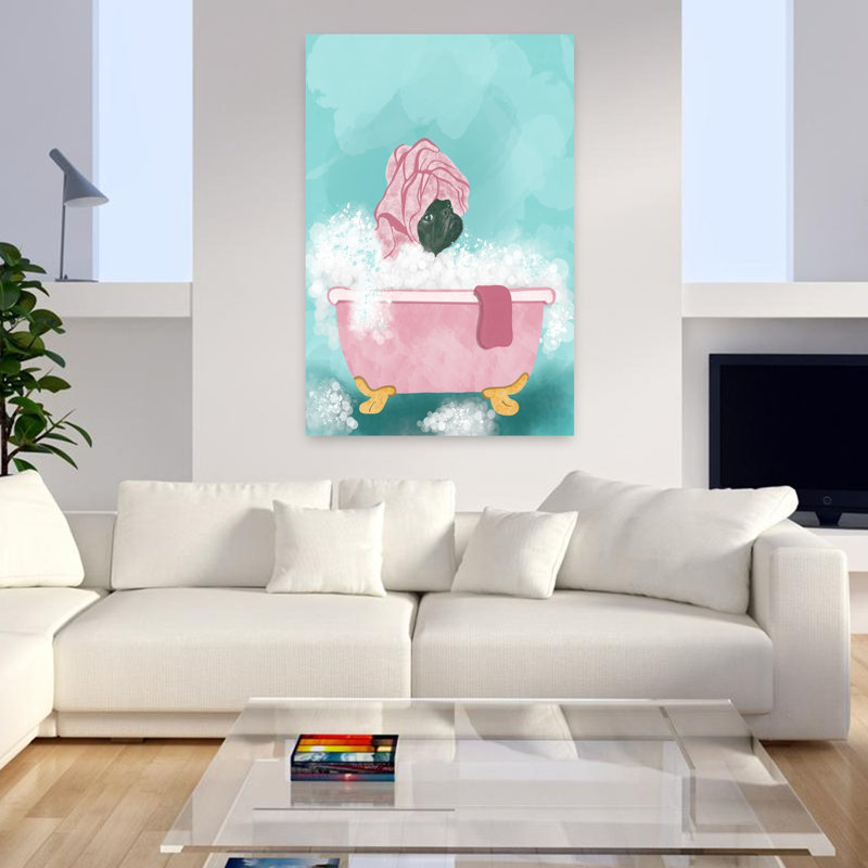 Art contemporain chien Pampered Pug Bath, H 48 po x l 32 po