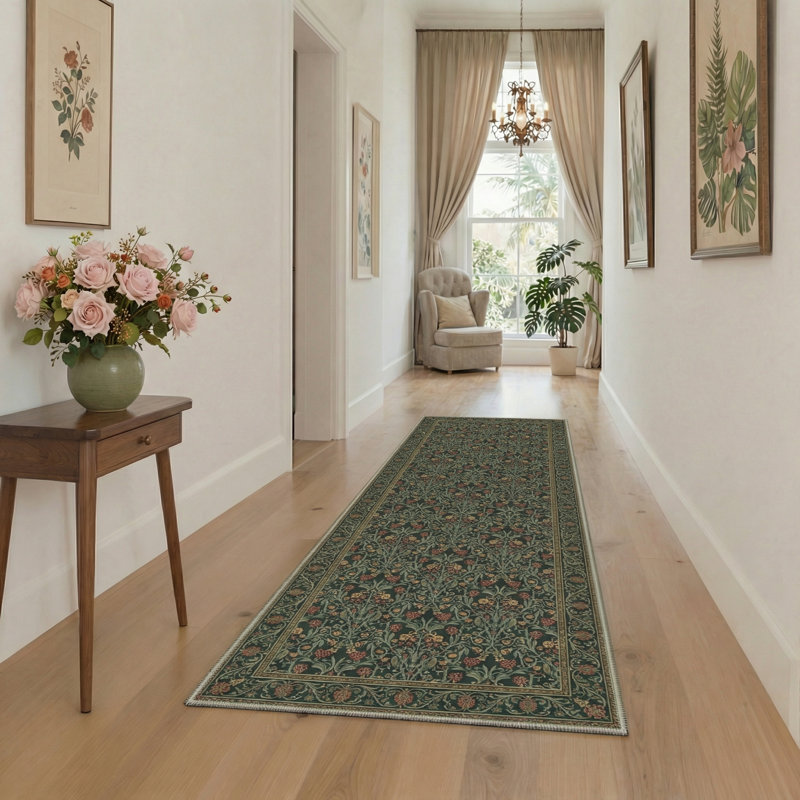 Vineyard Floral Vines Machine Washable Sage Indoor Area Rug With Non-Slip Backing, Runner 2' x 6'