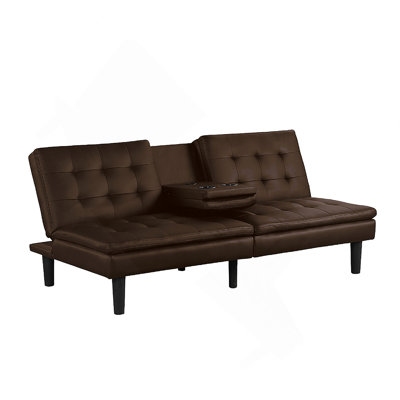 Contemporary Futon Sofa Bed With Biscuit Tufting, Drop - Down Table, Cup Holders And USB Chargers For Flexible Seating And Sleeping