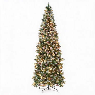 Pre-Lit Flocked Slim Christmas Tree with Warm White LEDs and Frosted Pine Cones, Space-Saving Pencil Tree for Indoor Holiday Decor