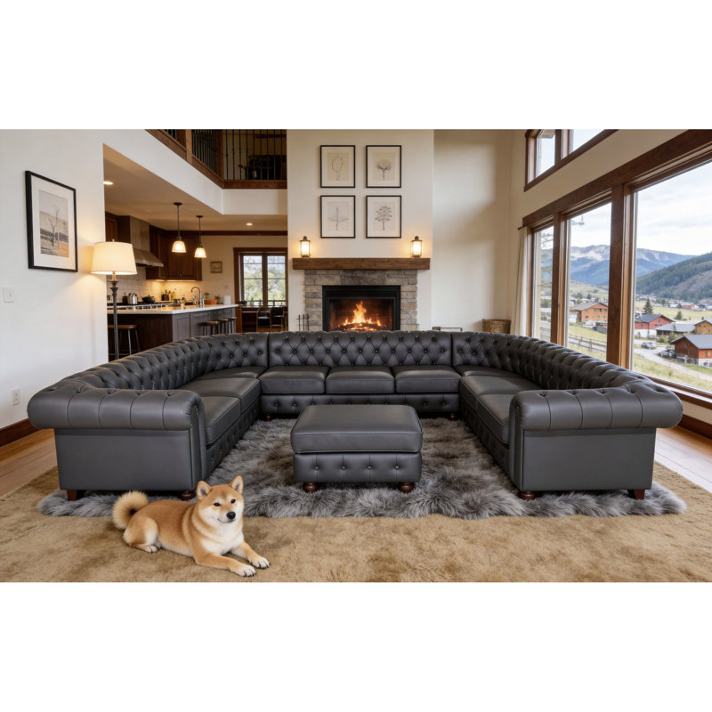 Canapé modulaire en cuir Chesterfield, Blue Gray Faux Leather