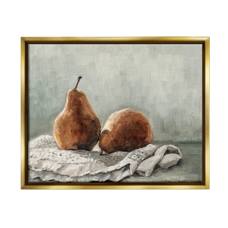 "Pears On Blanket Painting Floater Frame" par Marian Parsons sur toile, H 17 po x l 21 po, Cadre flottant métallique doré