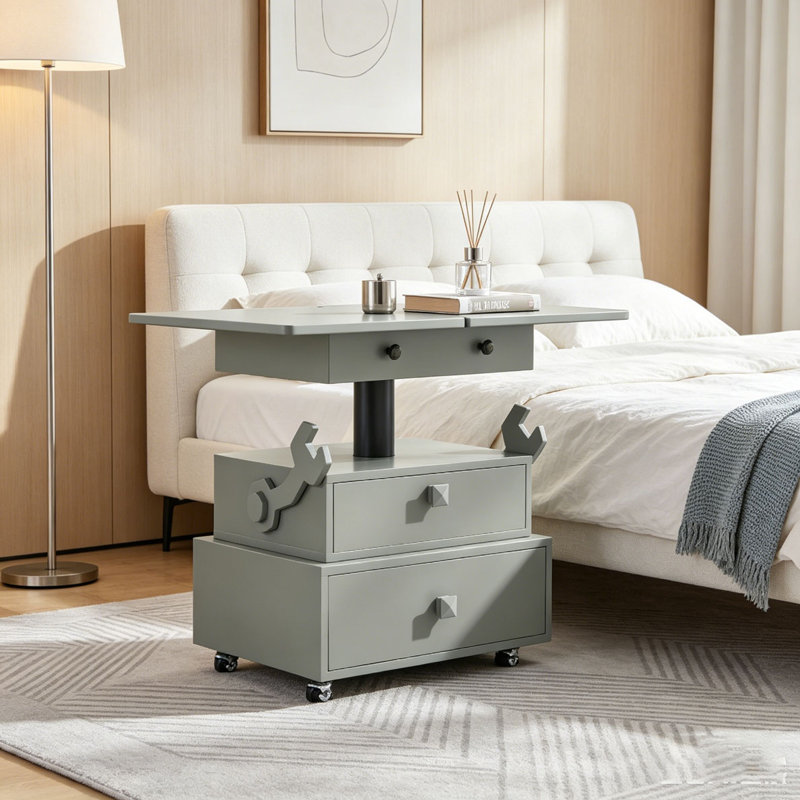 Table de bout roulante à hauteur réglable laquée ultrabrillante avec station de charge et roues universelles avec freins, table à plateau relevable multifonctionnelle avec tiroirs de rangement