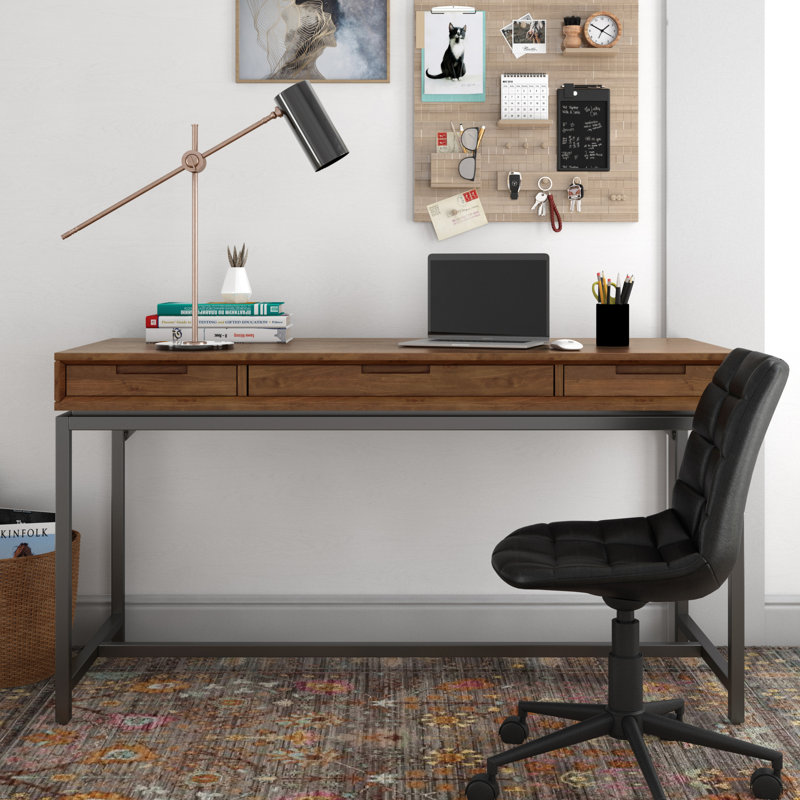 Lars Solid Wood Writing Desk with Keyboard Tray, Walnut Brown/Black, 31.50" H x 60" W x 24" D