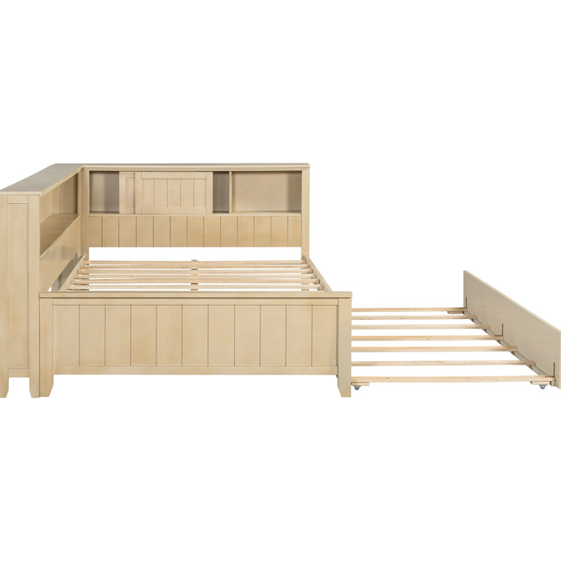 Antique White Milk Finish Full Size Daybed With Trundle And Shelves - Solid Wood Build, For Friends, Storage Items Pine Multi Storage, Supportive Slats