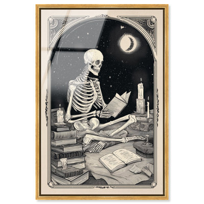 Décoration murale effrayante encadrée «Skeleton Reader» par Art Remedy, cadre doré, 16 x 24