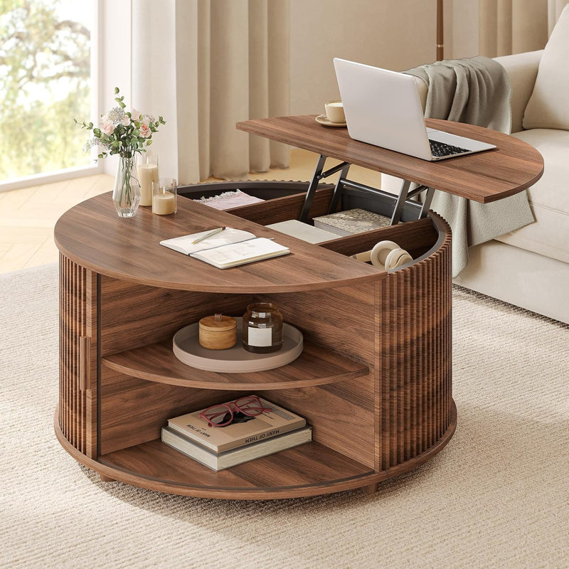 Round Lift Top Coffee Table With Storage, Modern Coffee Table With 180° Curved Sliding Door For Living Room, Office, Walnut