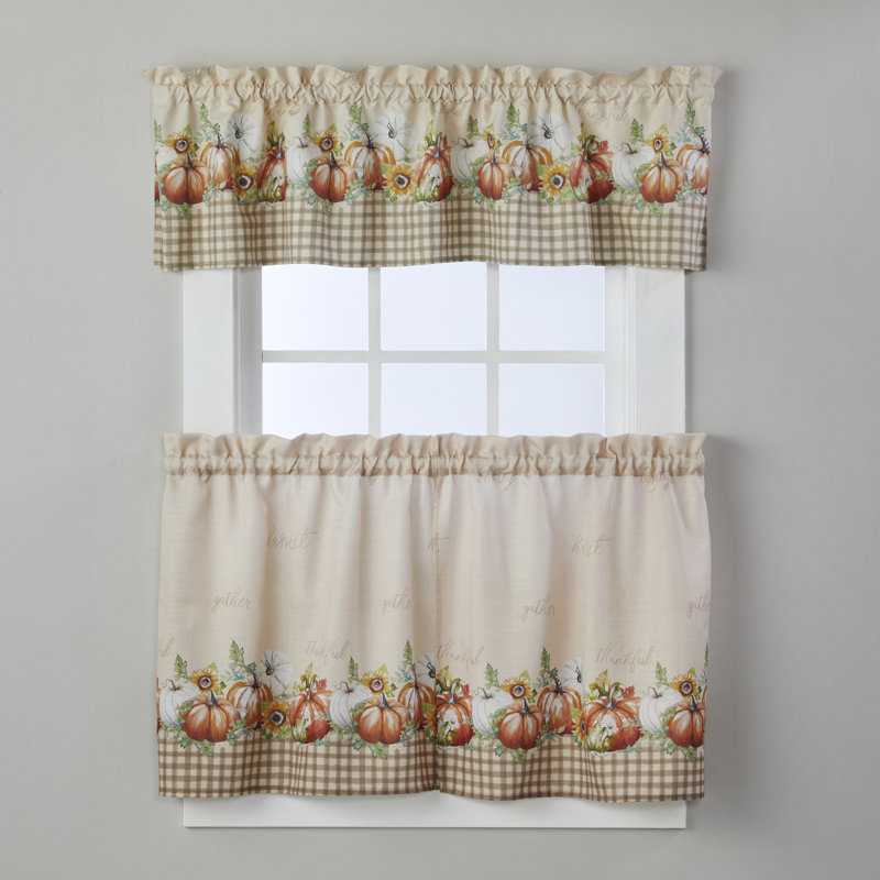 Autumn Pumpkins Beige and White Rod Pocket Valance