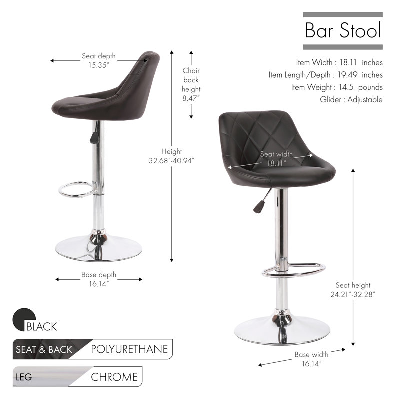 Swivel Upholstered Adjustable Height Counter Stool with Metal Frame, Black
