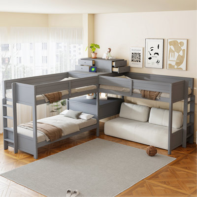 Lit simple superposé en forme de L avec bureau intégré, 4 tiroirs et ports USB et prise de courant