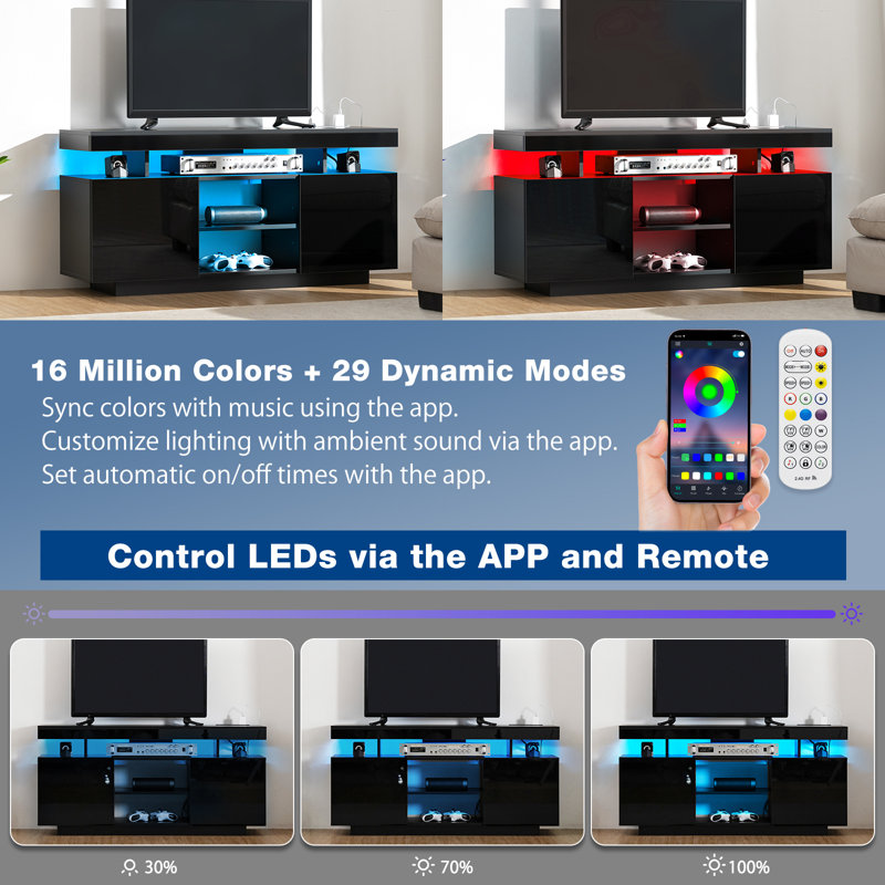Modern 47.2/55.1 in Media Console with Outlet and RGB LED Light, TV Stand for TVs up to 65/55 inch, Black, 47.24'' W