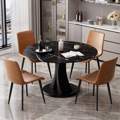 Ensemble de salle à manger moderne à piédestal rond en verre avec cuirs en polyuréthane pour 4 à 6 personnes